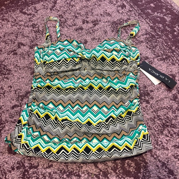 La Blanca Women's Zigzag Top NWT Green Yellow Black White Swim Tankini Ruched L - Picture 2 of 11